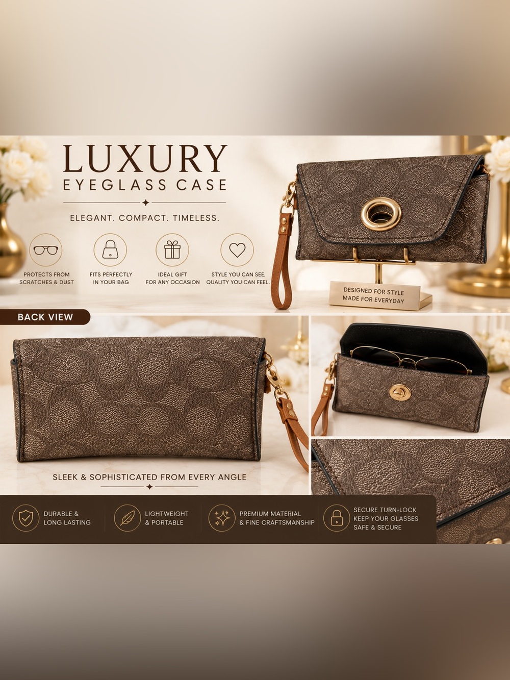 Luxury Women’s Glasses Case Wristlet Clutch - Brown